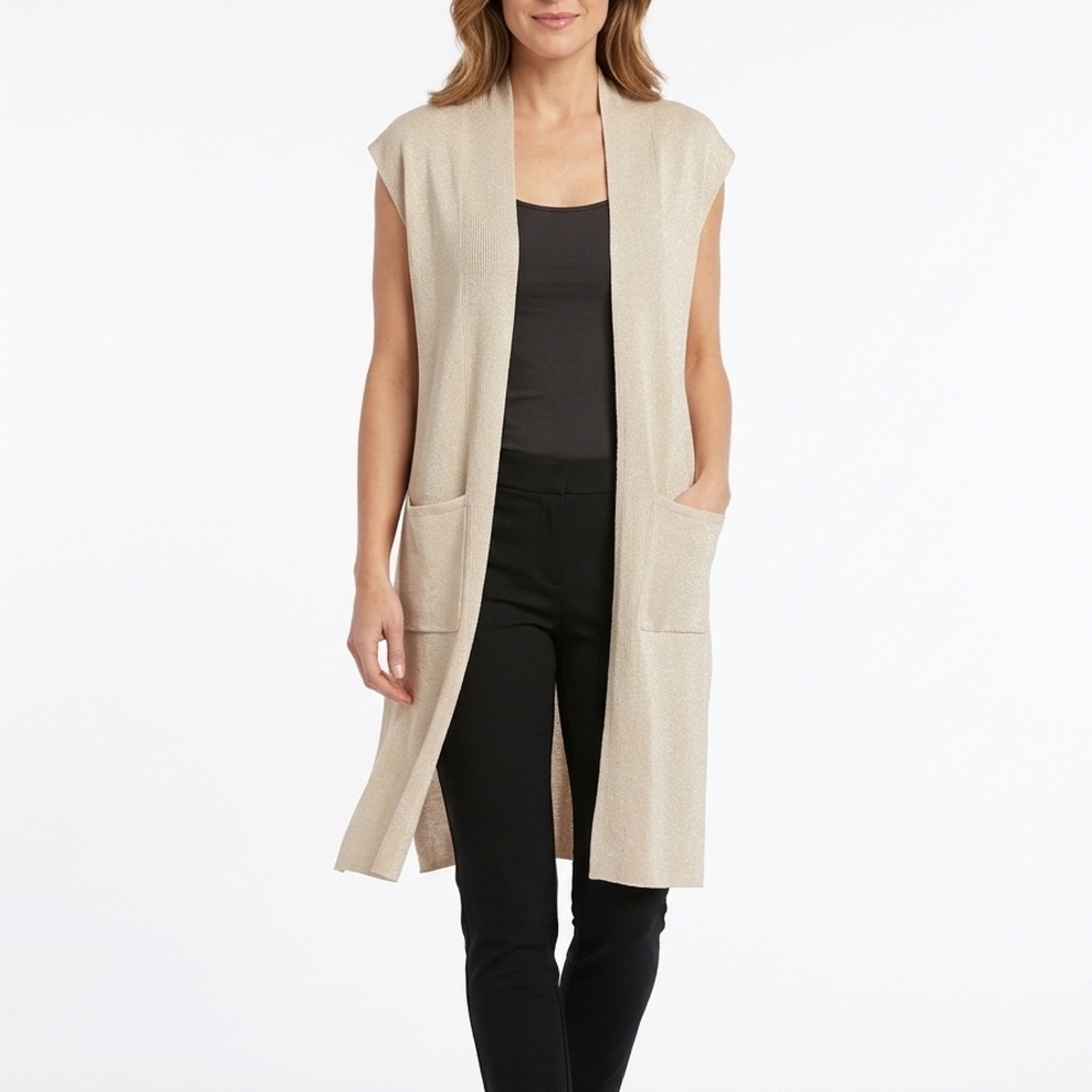 Magaschoni Sleeveless Open-Front Knit Vest in Oyster Beige